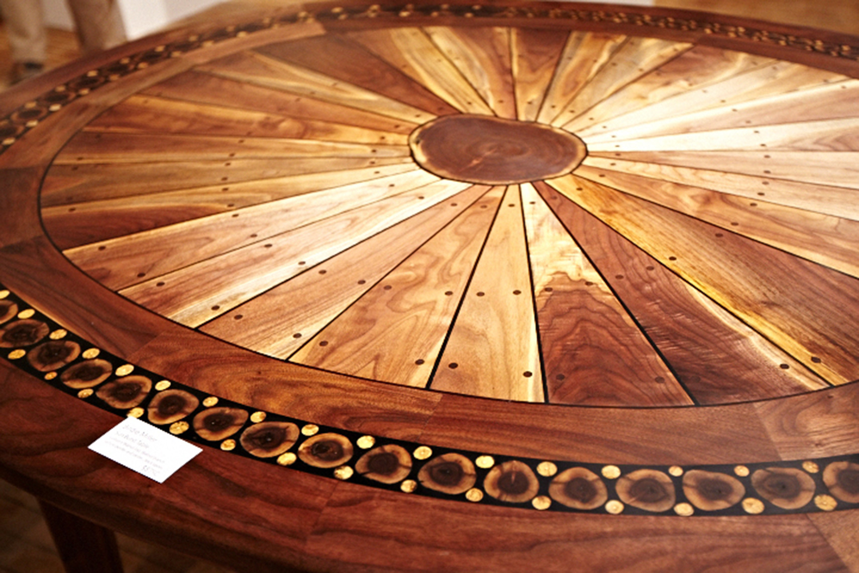new jersey custom wood furniture-Artistic walnut sunburst table contemporary, crafts style, rustic