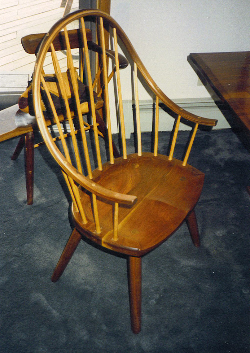 new jersey custom wood furniture-Continiuos Arm-Chair, with Carved Seat Walnut & Maple-Custom-Furniture Shaker style