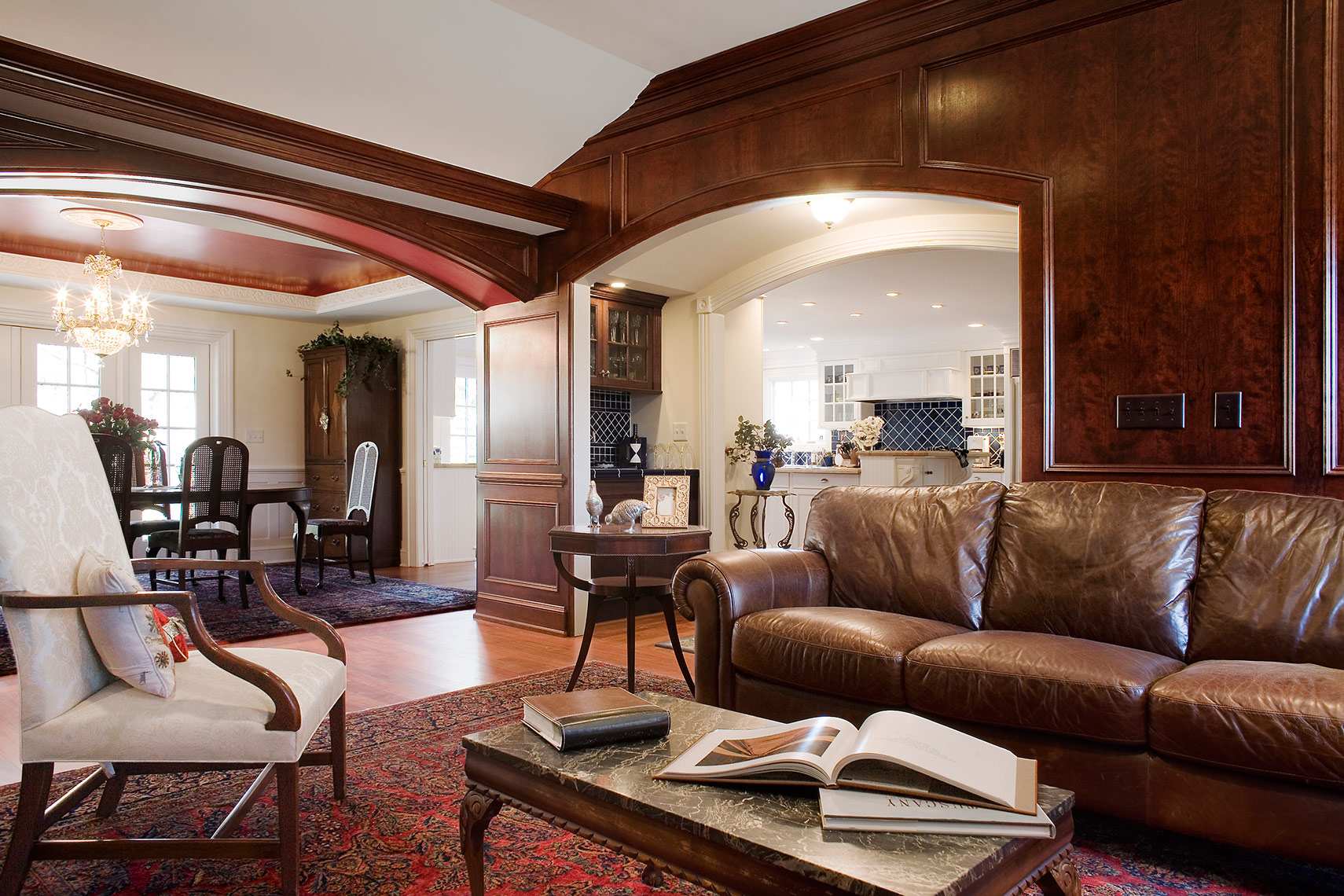 custom cabinets nj-Family Room Traditional Woodwork Figured Cherry and Trim work Crown Moulding