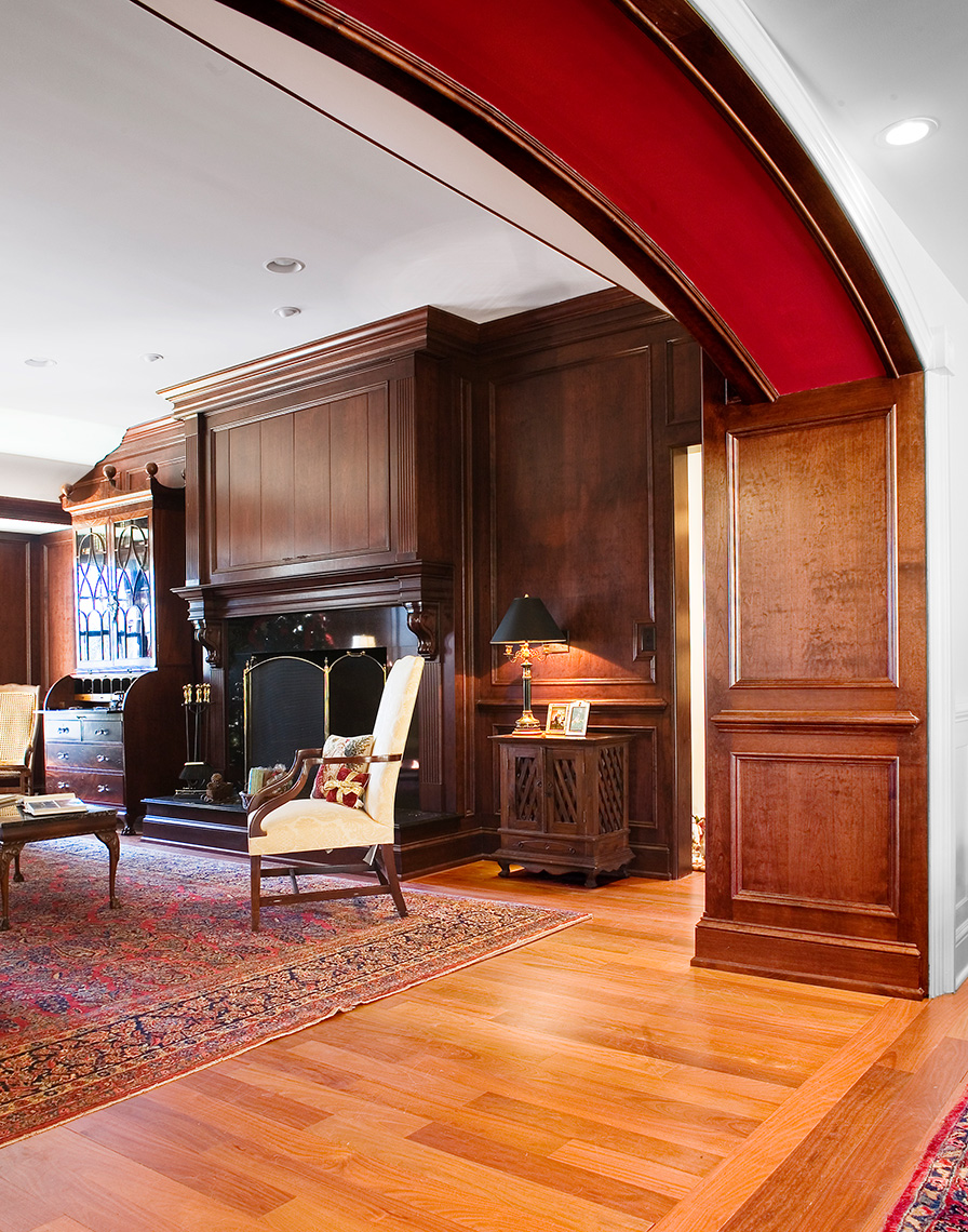 custom cabinets nj-Family Room Traditional Woodworks Figured Cherry and Trim work Crown Moulding